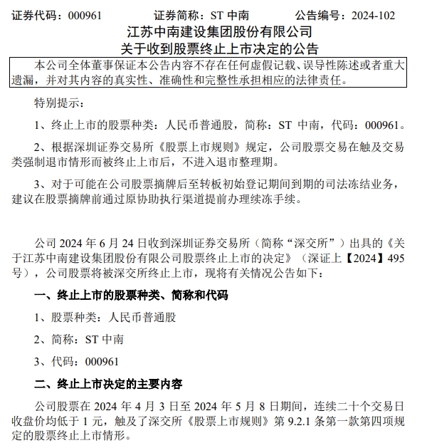 中南建设将被终止上市，董事长为前南通首富