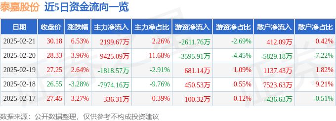 异动快报：泰嘉股份（002843）2月21日14点9分触及涨停板